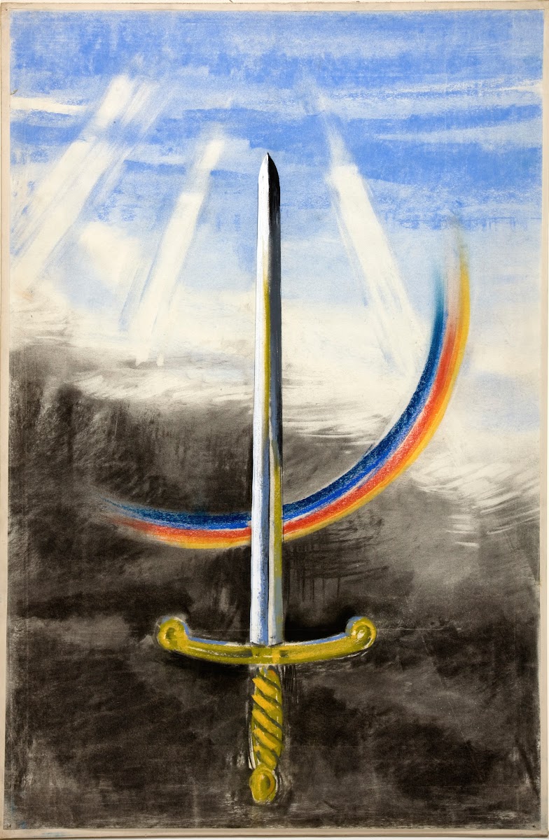 A sword pointing vertically upwards on a section of rainbow between 1939 and 194