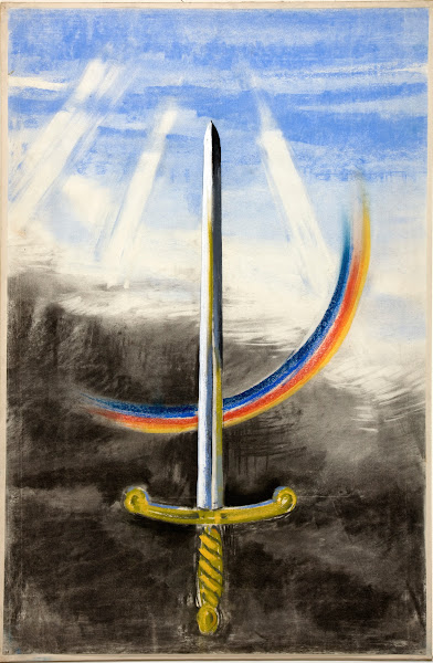 A sword pointing vertically upwards on a section of rainbow between 1939 and 194