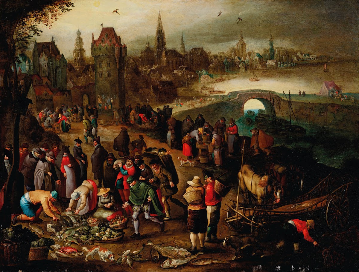 A Fish Market Before A City On The Water 1608