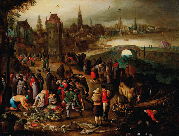 A Fish Market Before A City On The Water 1608