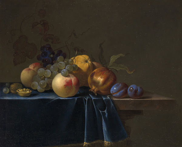 Peaches grapes pomegranate and plums on an entablature 1648