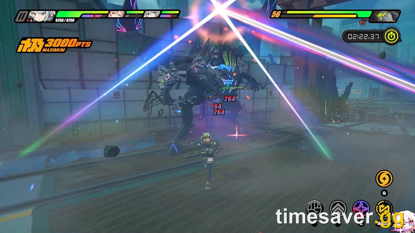 A Zenless Zone Zero boss fight against the Dead End Butcher with the points counter and three-minute timer visible on screen
