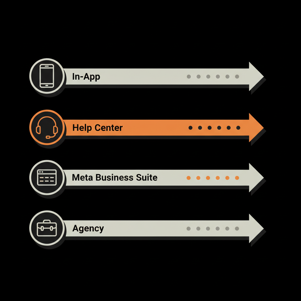 Minimal vector infographic showing escalation lanes timeline from in-app to Help Center to Meta Business Suite to agency. How do I talk to Instagram support?