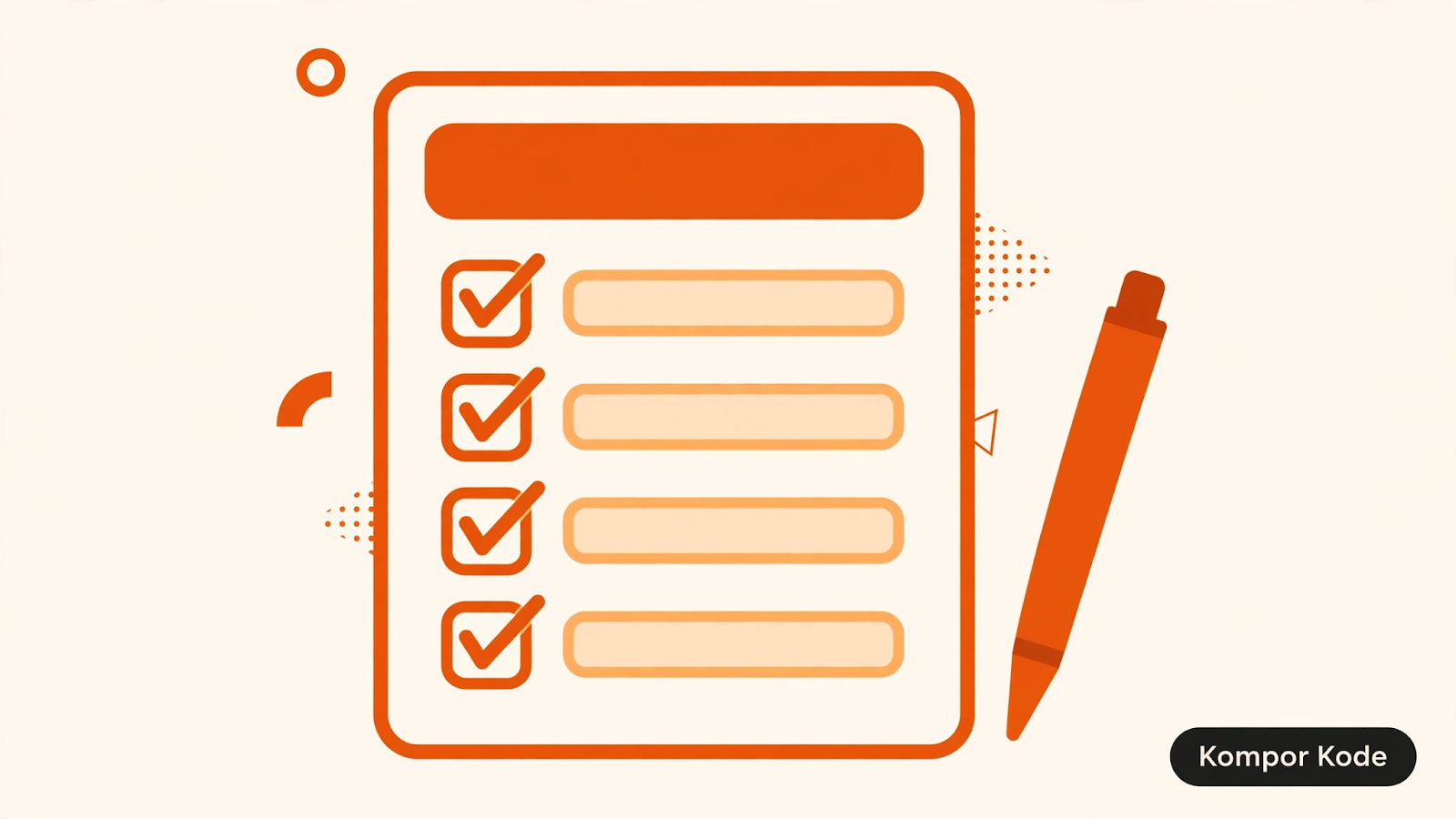 Ilustrasi dokumen checklist spesifikasi dengan kotak centang dan pena