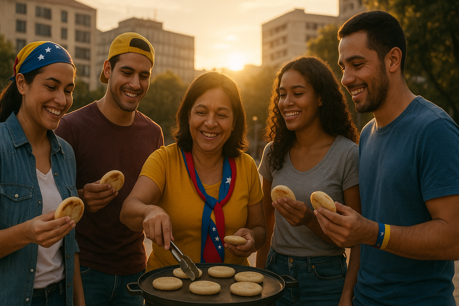 Venezolanos compartiendo arepas en una plaza, sonriendo y conversando.
