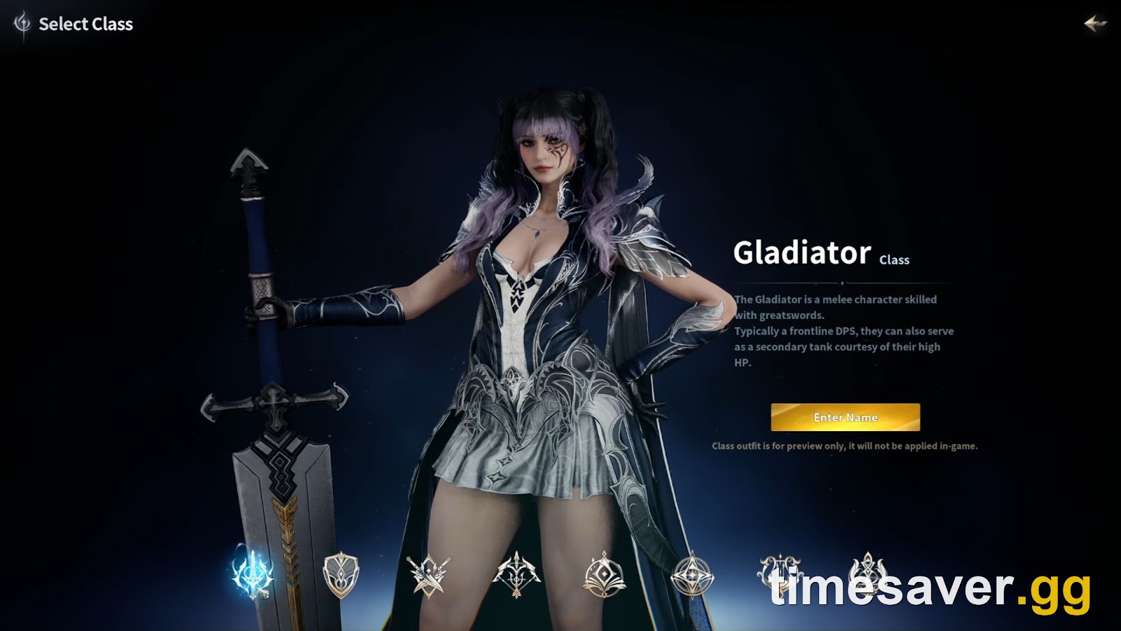 The AION 2 Select Class screen, showing the Gladiator and its role description