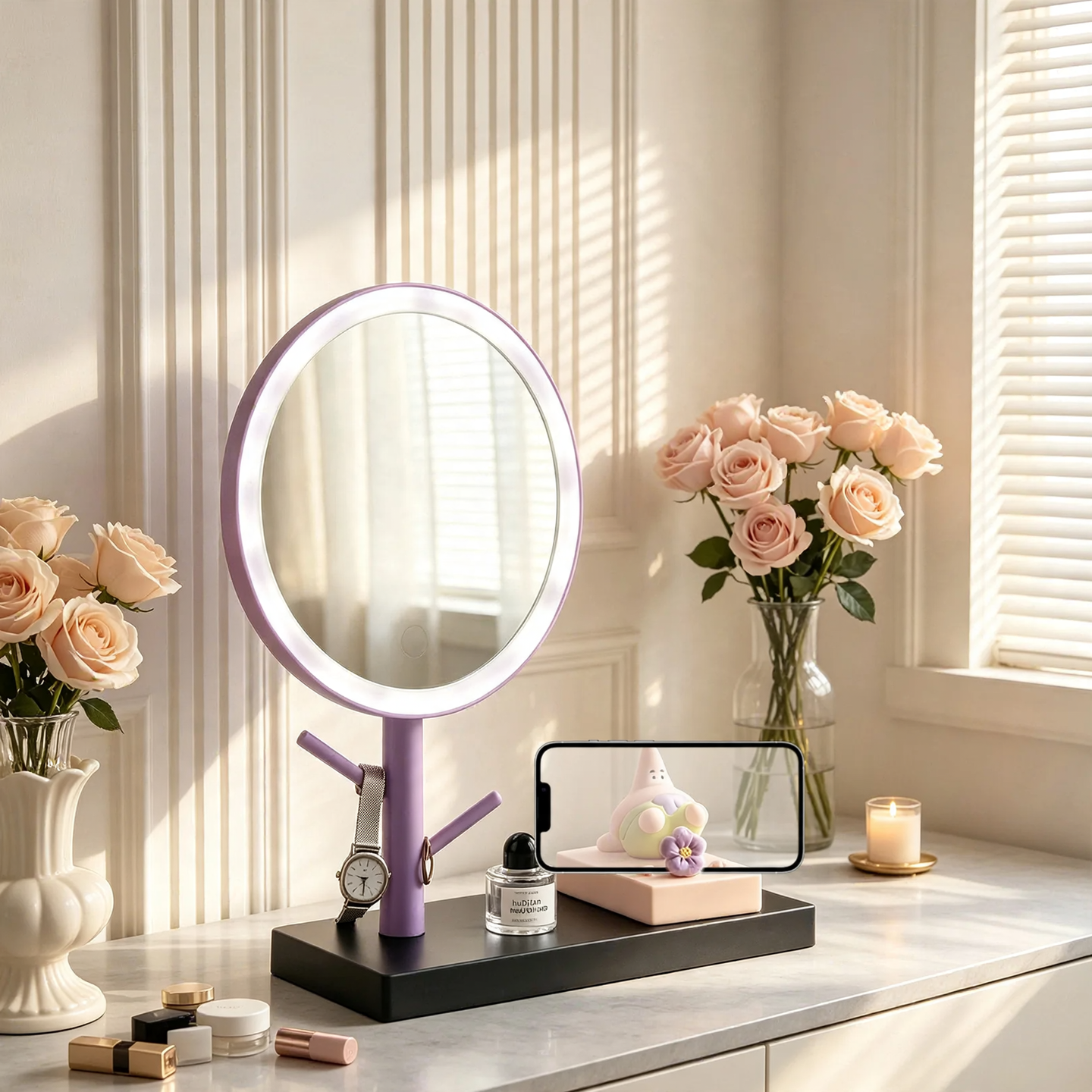 Phone stand with cosmetic mirror, ABS plastic