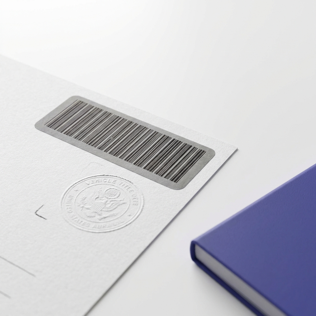 Close up photo of a VIN barcode and partial stamped vehicle title on a white surface with a CarFax Deals blue 3666ed folder accent minimalist layout best car value website