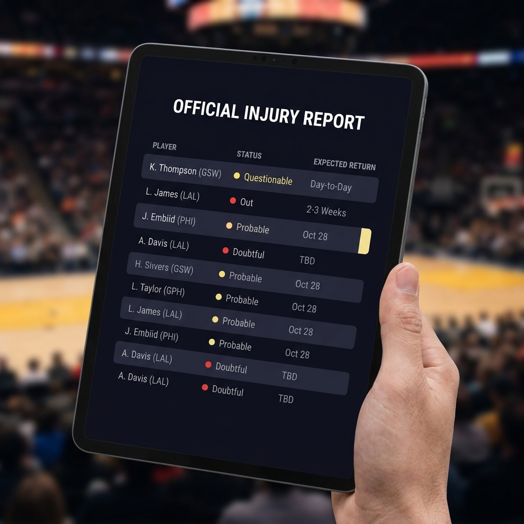 Close up full frame tablet showing official injury report page in Funded Plays style with blurred basketball arena background grizzlies prediction