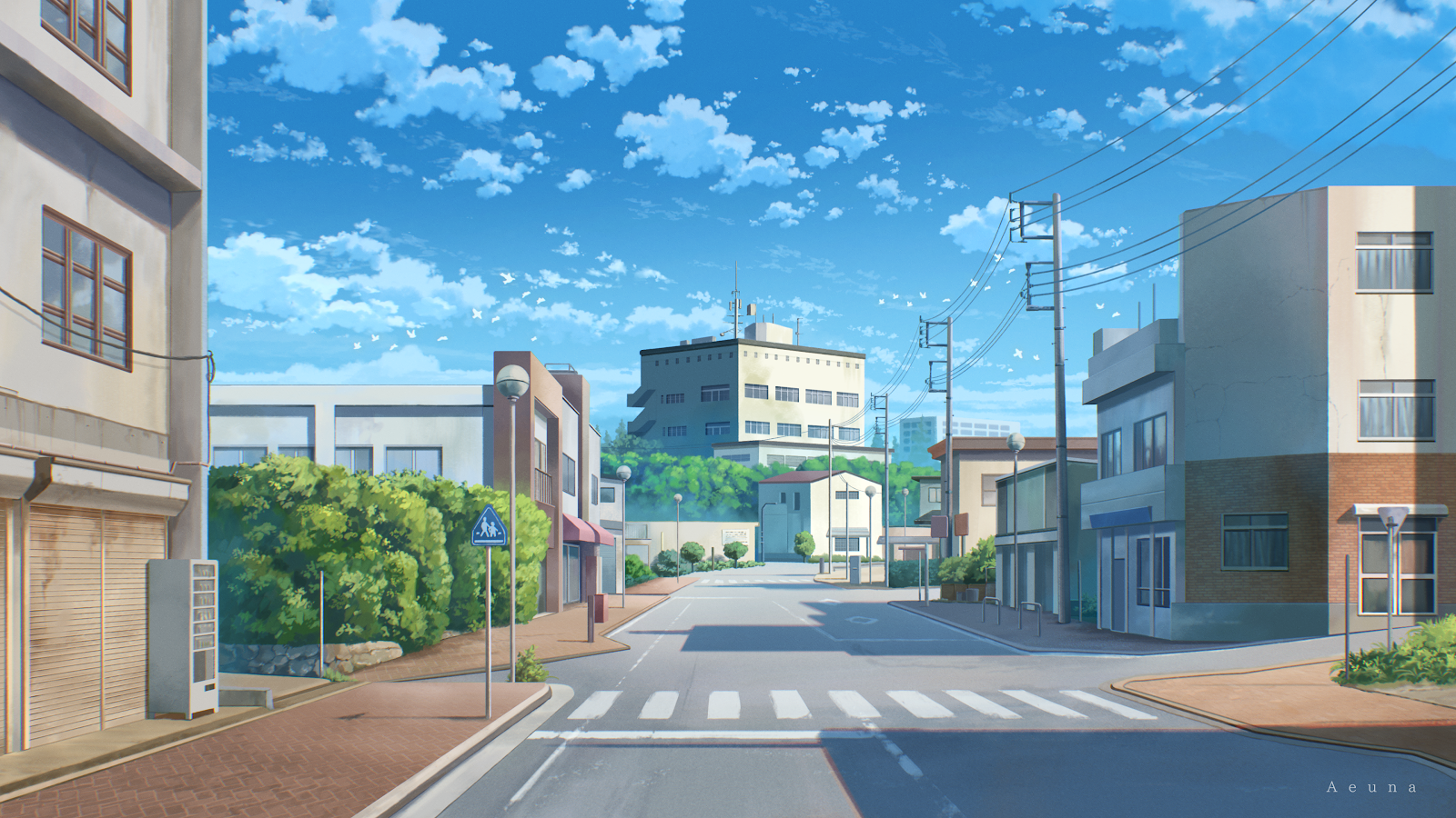 Sunny Japanese Street Intersection - Anime Digital Art 4K Wallpaper (3840x2160)