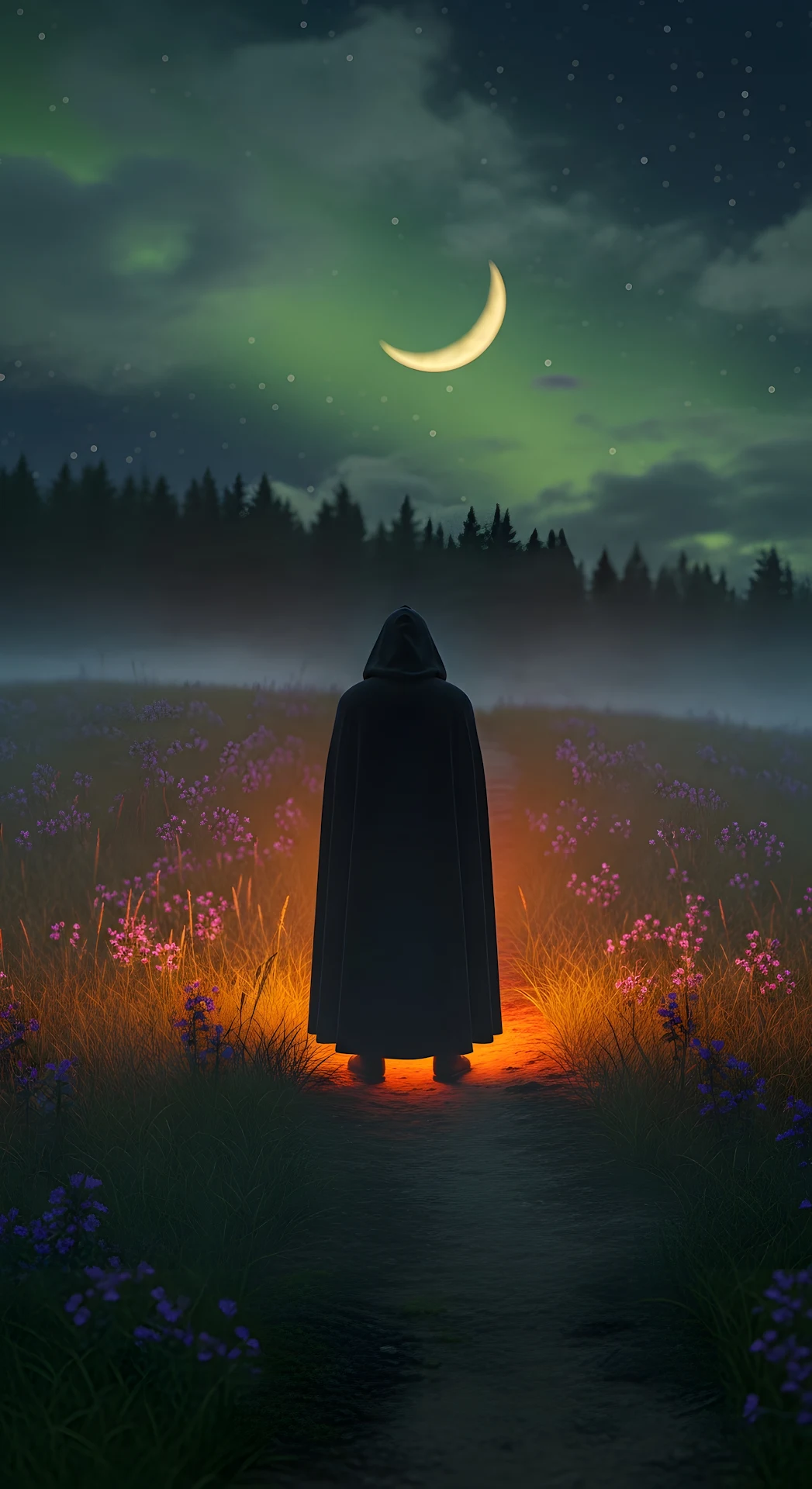Solitary Cloaked Figure with Amber Glow Walking in Dark Misty Hillside Under Crescent Moon - Free 4K mobile Wallpaper
