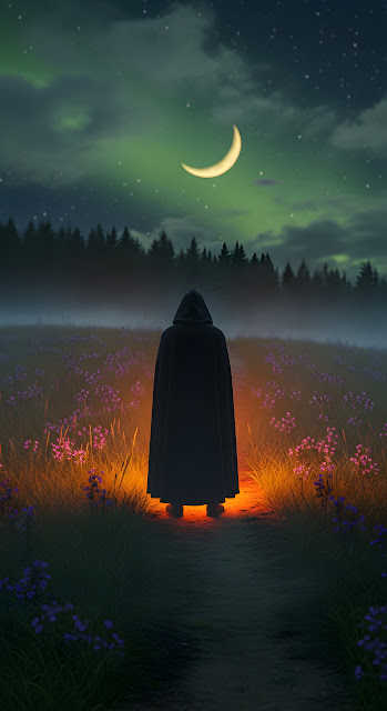 Solitary Cloaked Figure with Amber Glow Walking in Dark Misty Hillside Under Crescent Moon - Free mobile Wallpaper