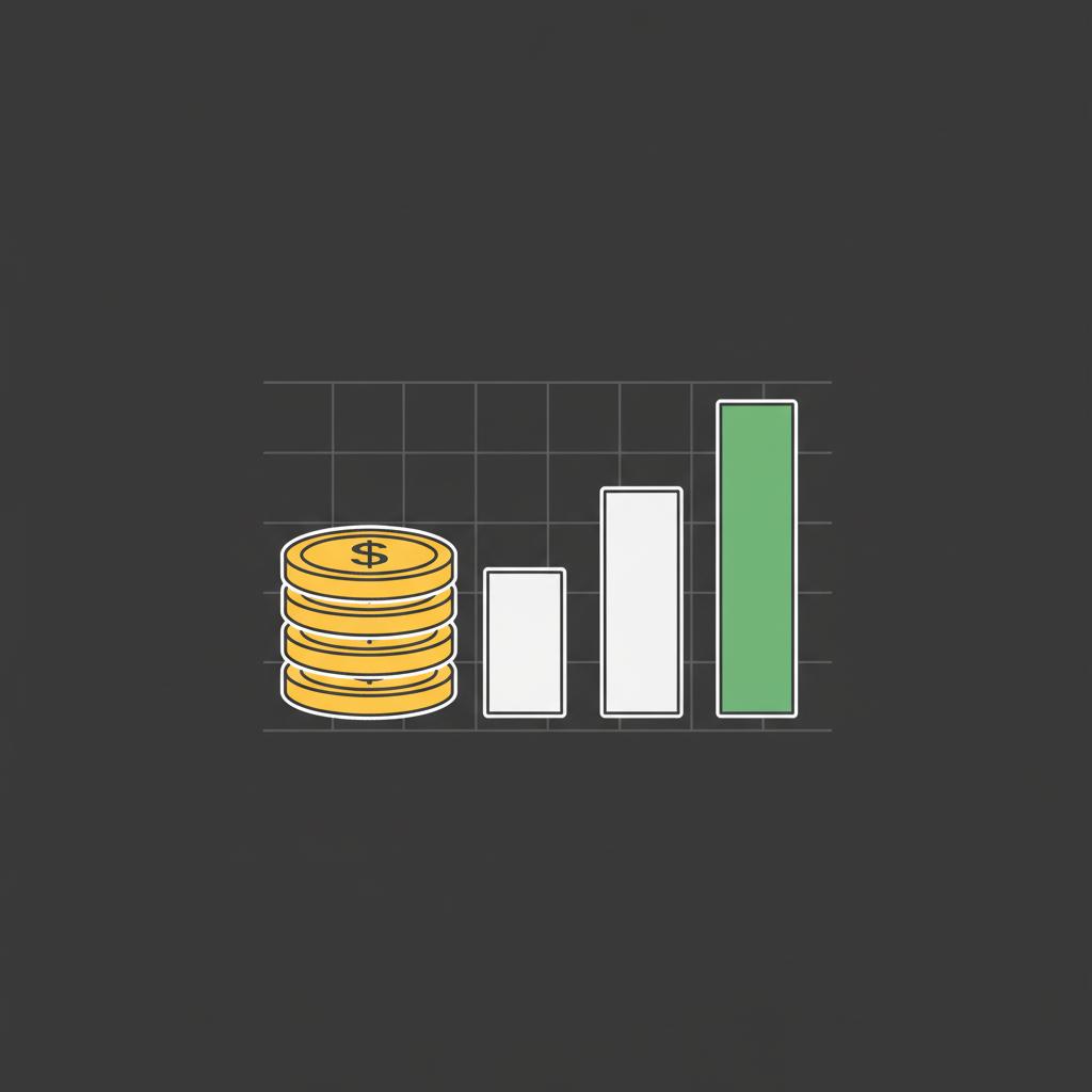 Minimalist 2D vector of coins and ascending green bar chart on dark background is investing $100 in stocks worth it