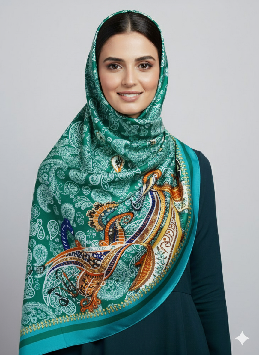 Peacock Silk Pinted Hijab | Satin Scarf