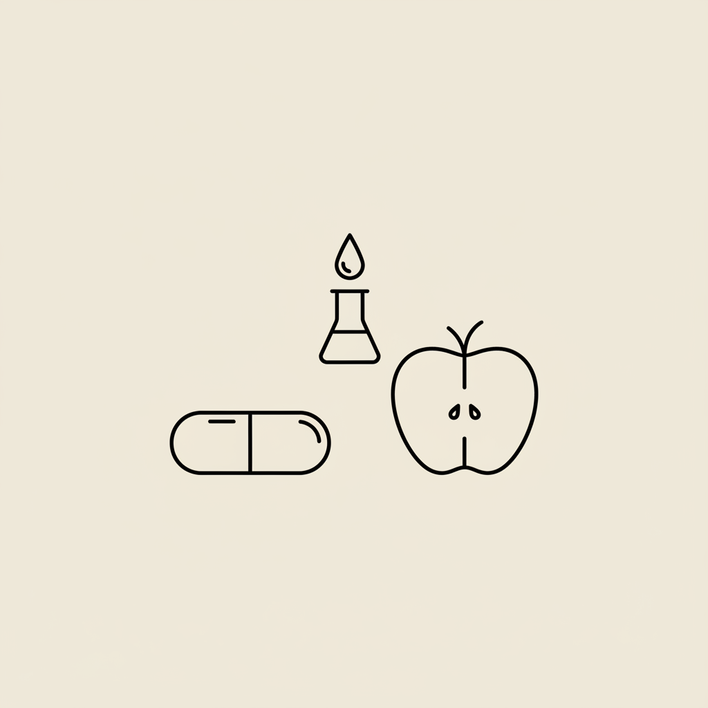 Minimal Tonum-style line illustration of a capsule, half apple, and small lab beaker with a droplet representing apple cider vinegar pills.