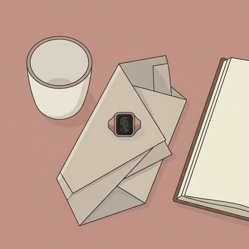 Minimalist 2D vector of a low profile black onyx roman soldier ring resting on folded linen beside a cup and book on warm ede7da background