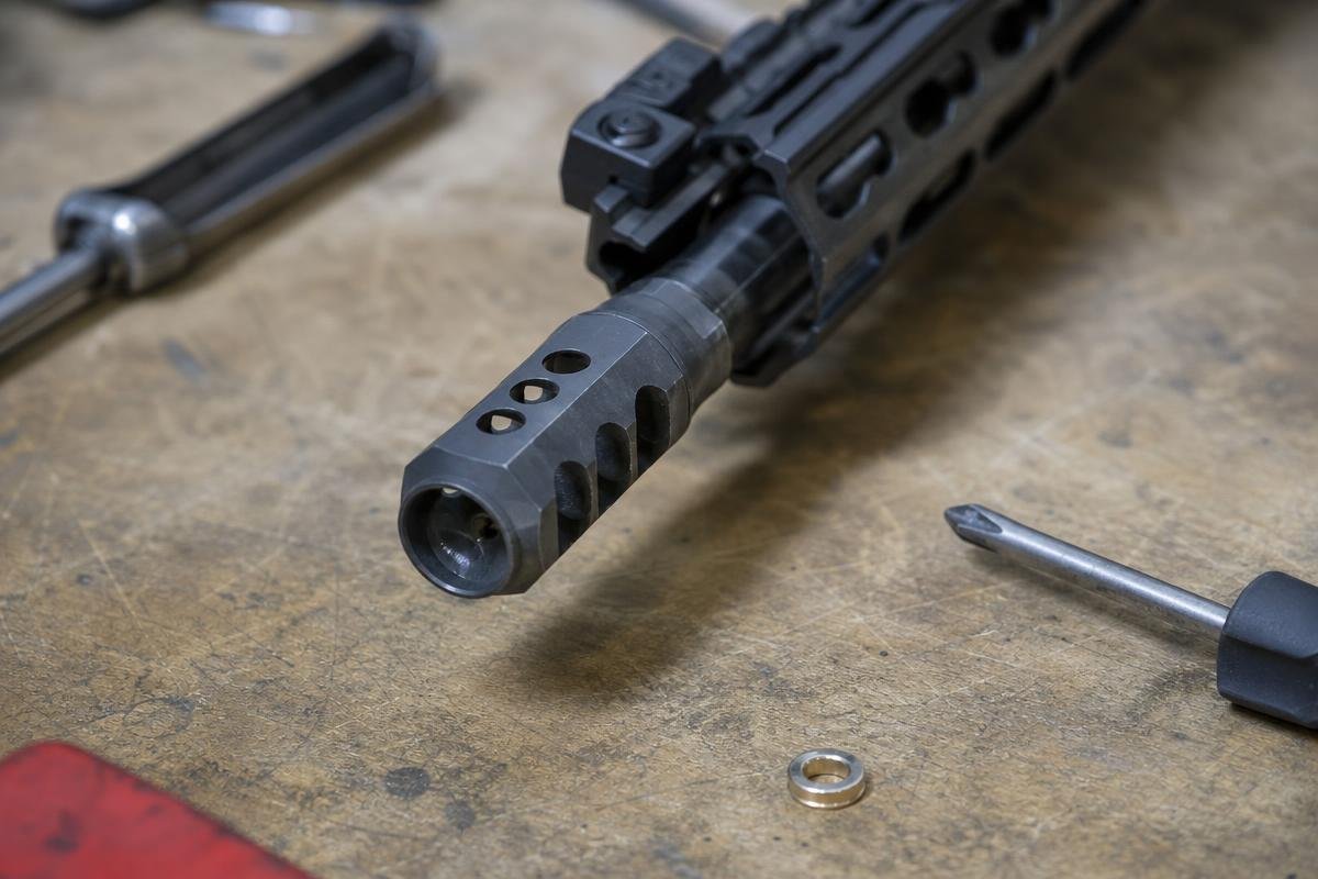 AR-15 muzzle brake installed on a carbine, with ar-15 buffer spring and parts nearby