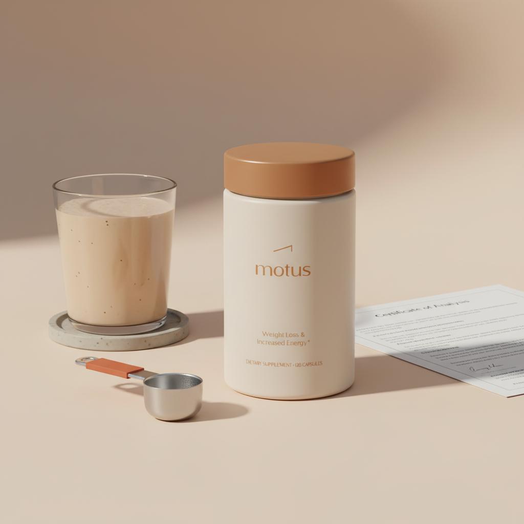 Clean protein shake scene with Tonum supplement container from reference photo on a pale beige counter, glass of shake, measuring scoop with orange accent and a partially visible COA.