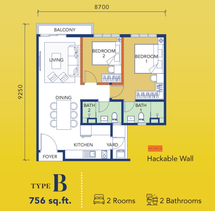 GenStarz Type B floor plan — 762 sq ft, 2 bedrooms