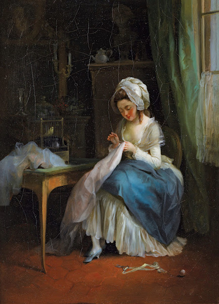 Young girl embroiding in an interior