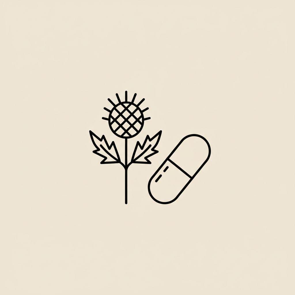 Minimalist Tonum-style line illustration of a milk thistle sprig and a single capsule on a flat beige background (#F2E5D5)