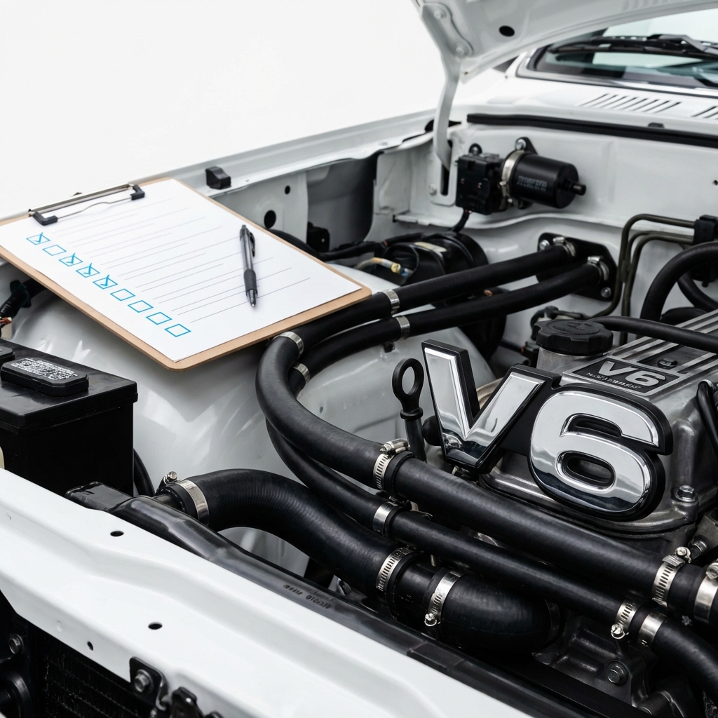 Close up engine bay of a clean Dodge Ram 1500 for sale showing V6 badge and neat hoses with a paper checklist on white background