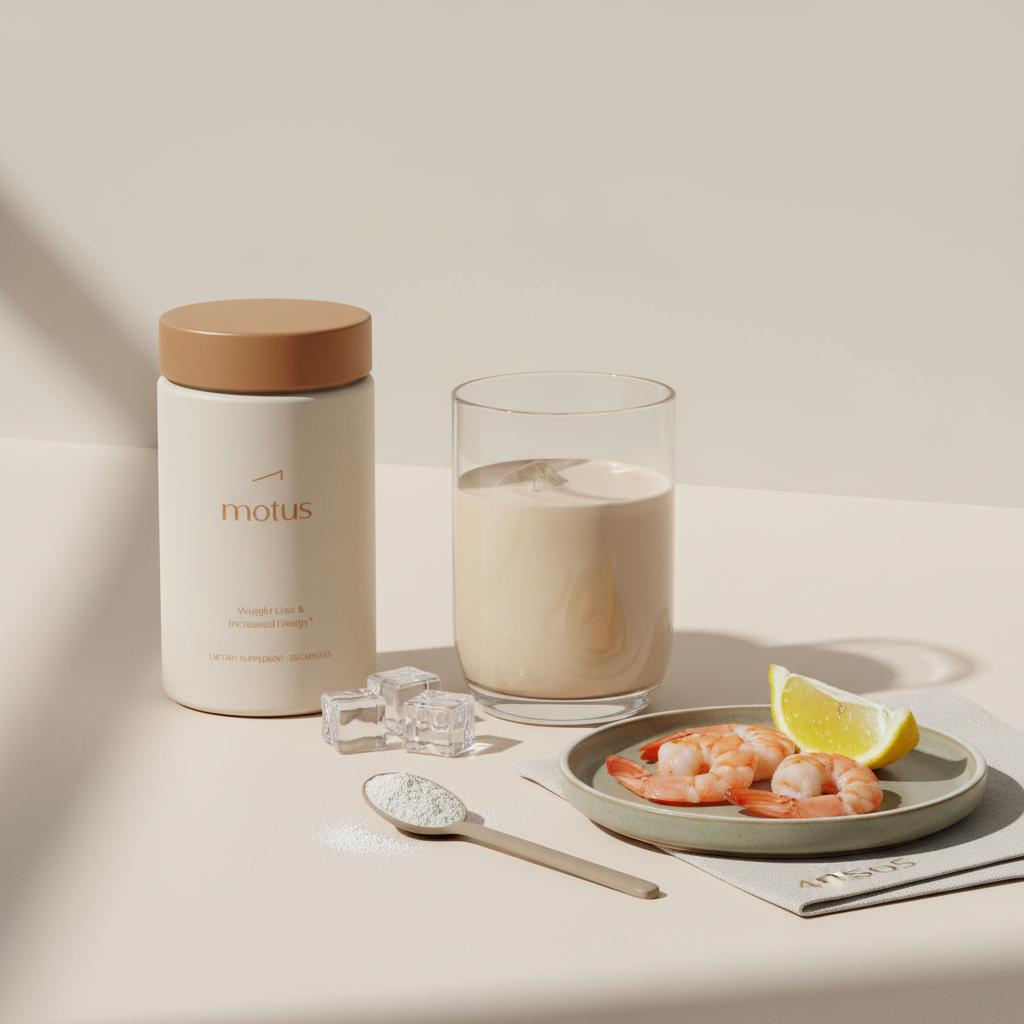 Motus supplement jar beside a clear glass low-calorie protein shake with whey spoon, ice cubes and shrimp-lemon plate on Tonum background — lowest calorie protein