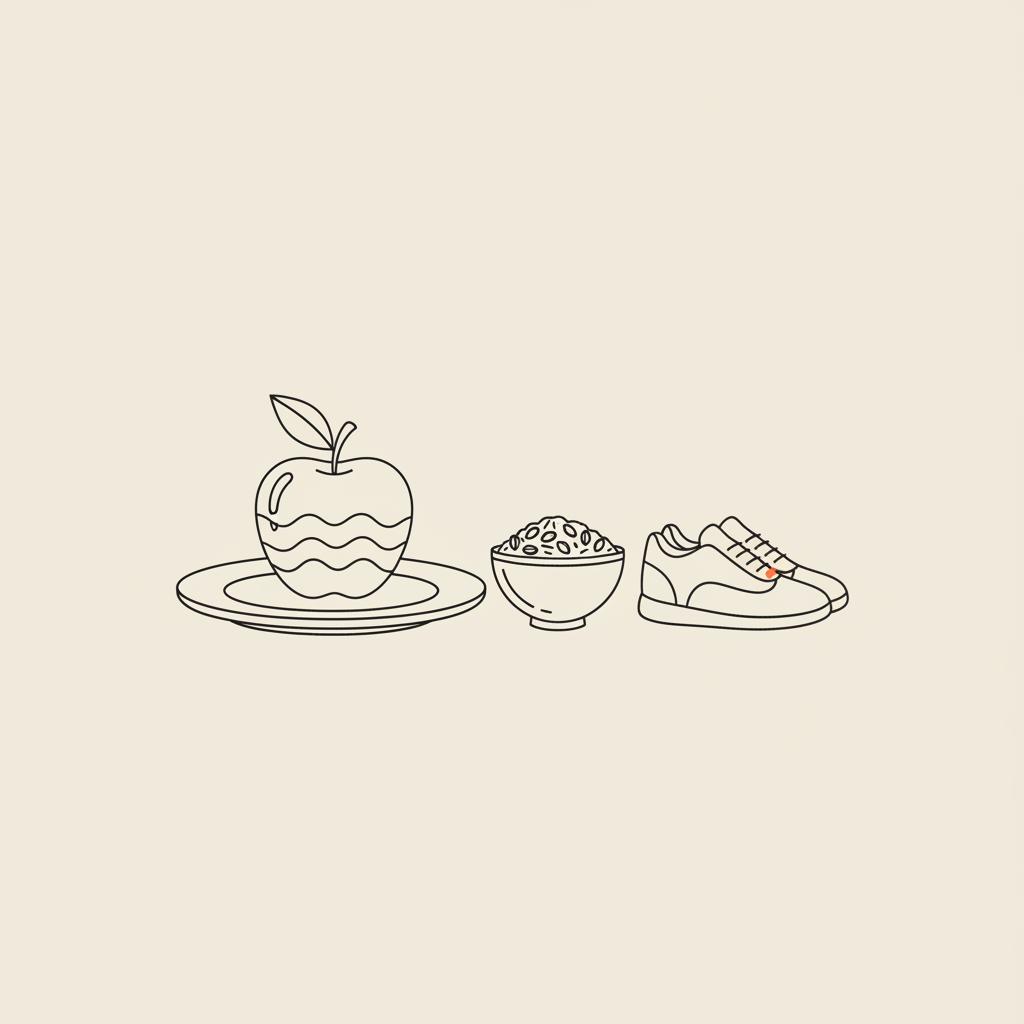 Minimalist Tonum-style line illustration of a plate with an apple, a small bowl of oats, and walking shoes on a flat beige background — what is the fastest home remedy to lower blood sugar?