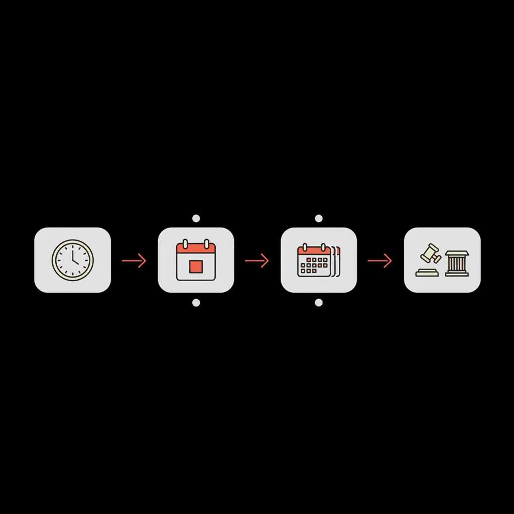Minimal vector timeline infographic showing hours, days, weeks and legal stages for Google review removal with four icon-only blocks connected by accent arrows on black background.