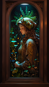 Woman in Floral Crown Gazing at Glowing Forest Through Window