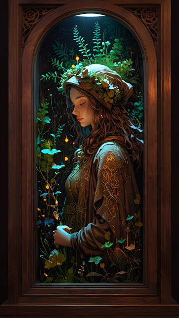 Woman in Floral Crown Gazing at Glowing Forest Through Window - Free mobile Wallpaper
