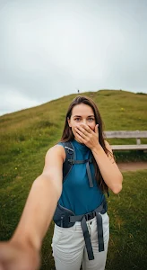 Excited Female Traveler Taking Selfie on Green Hilltop