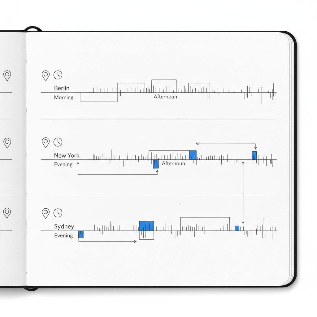 Top-down planner sketch showing segmented time windows across Berlin, New York and Sydney to visualize the best time to run TikTok ads across time zones.
