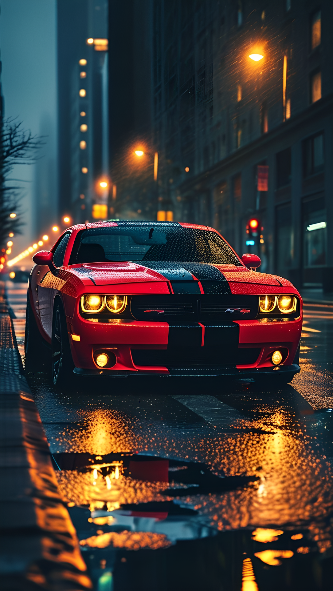 Red Muscle Car on Rainy City Street at Night - Free 4K mobile Wallpaper