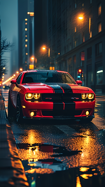 Red Muscle Car on Rainy City Street at Night - Free mobile Wallpaper