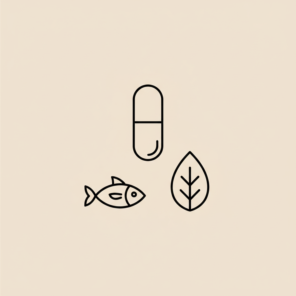 Minimal Tonum-style line illustration of a capsule, fish, and leaf arranged in a balanced triangle on beige background, representing nutrition and marine oils for prevagen