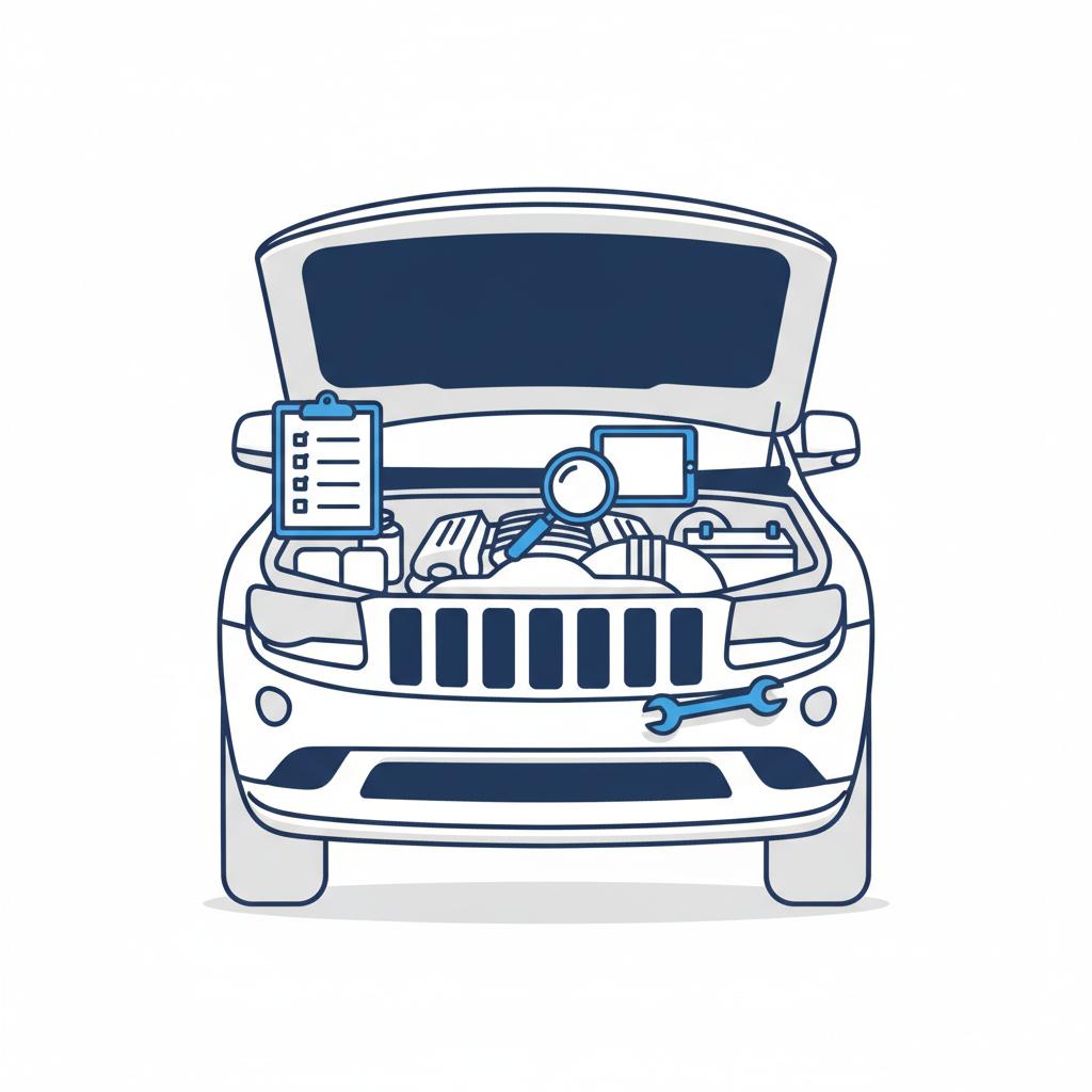 Minimal 2D vector of a Jeep Grand Cherokee engine bay under inspection with clipboard magnifying glass and diagnostic tablet on white background jeep grand cherokee for sale