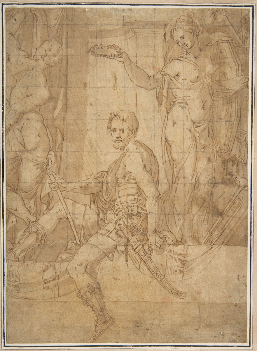 Seated Warrior Between Two Figures 152678