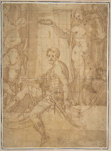Seated Warrior Between Two Figures 152678