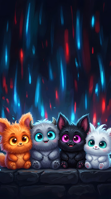 Illustration of Four Colorful Fluffy Monsters in a Horizontal Row - Free mobile Wallpaper