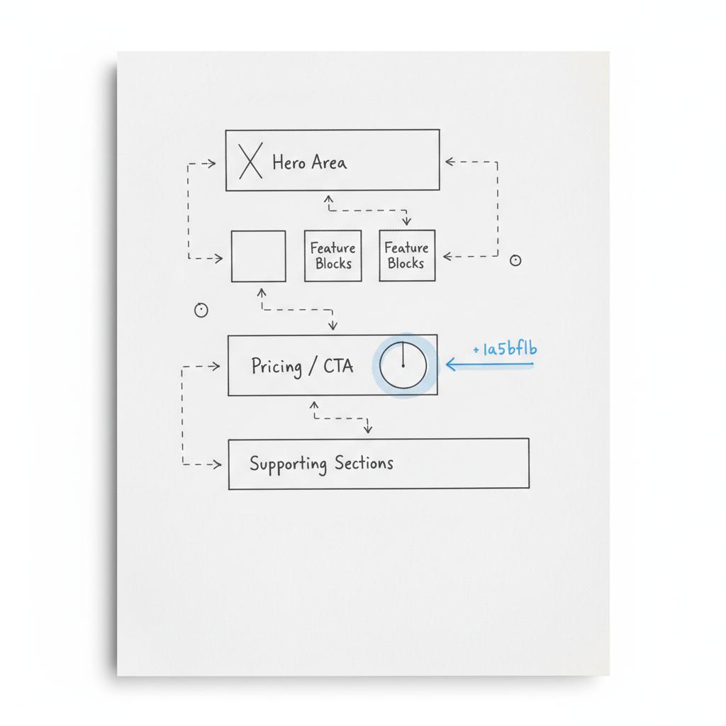 Close-up notebook sketch of a website homepage flow with wireframe boxes for hero, features and CTA, arrows and circled step markers; subtle #1a5bfb accents for website designer pricing.