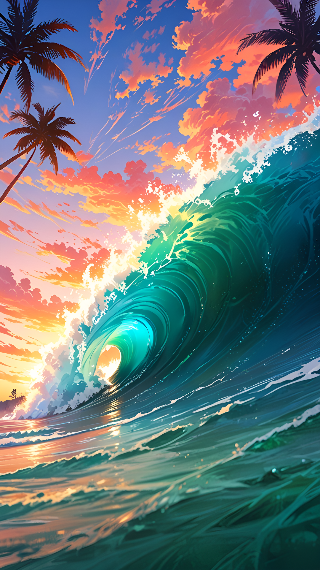 Tropical Sunset Wave Anime Art Vibrant Ocean Curl - Free 4K mobile Wallpaper