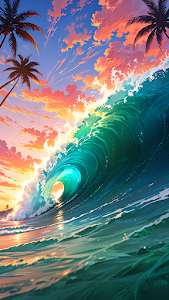 Tropical Sunset Wave Anime Art Vibrant Ocean Curl