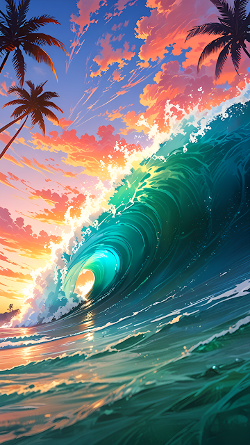 Tropical Sunset Wave Anime Art Vibrant Ocean Curl - Free mobile Wallpaper