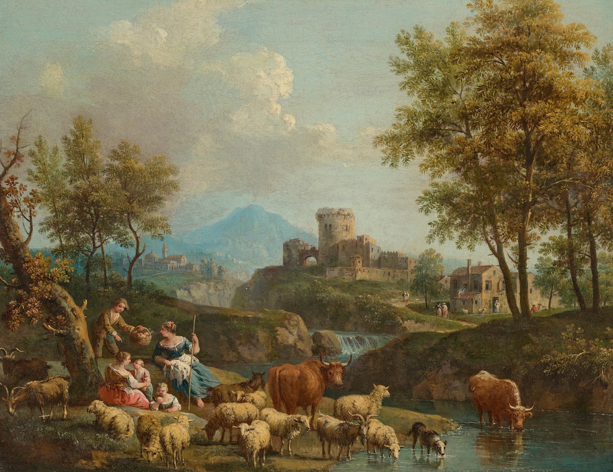 An Italianate river landscape with drovers and cattle on a track a village beyon