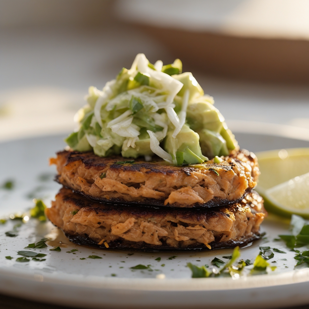 Chipotle Tuna Cakes with Creamy Avocado Citrus Slaw