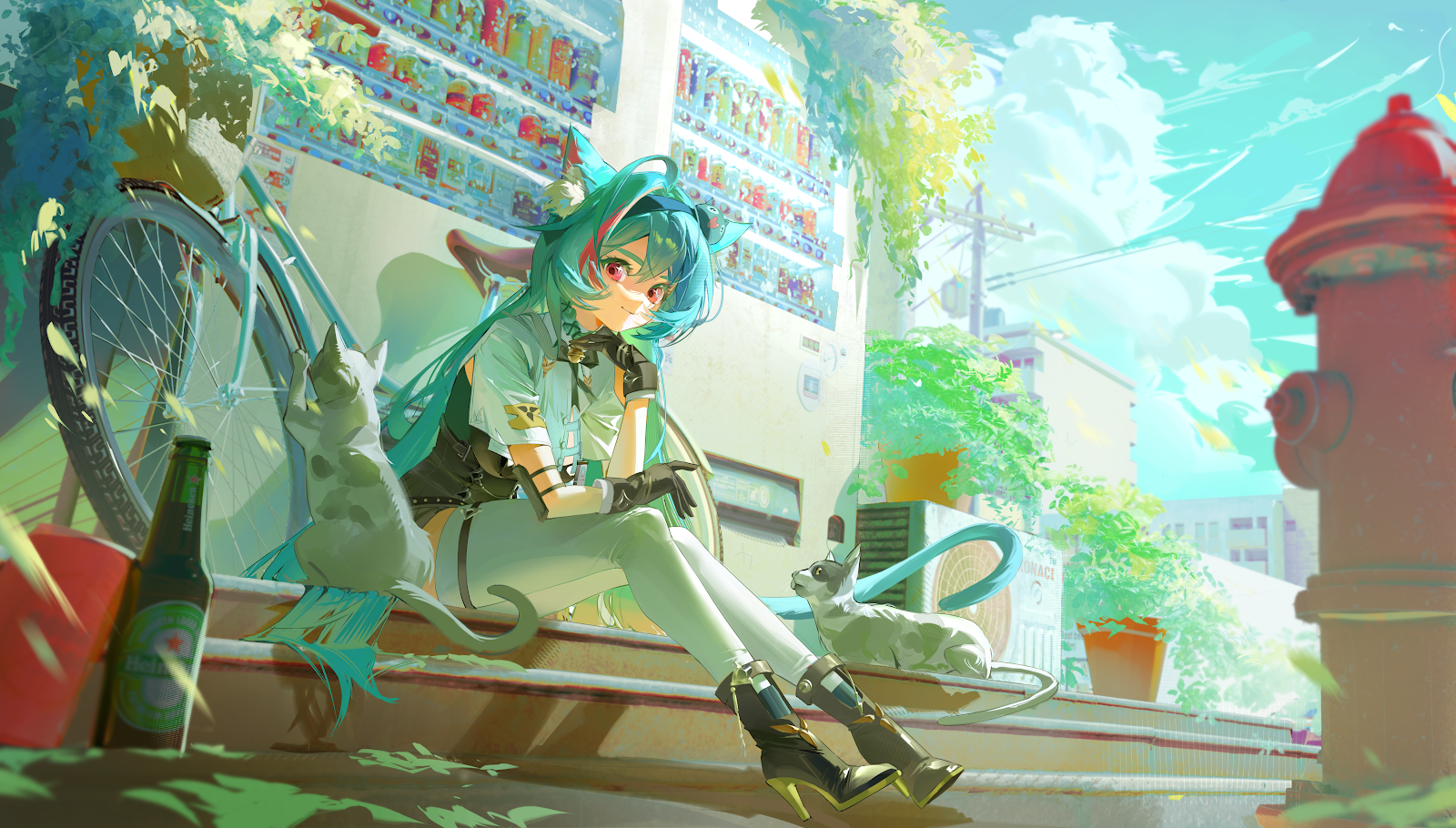 Teal Hair Cat Girl on Steps - Anime Illustration 5K Wallpaper (5996x3409)