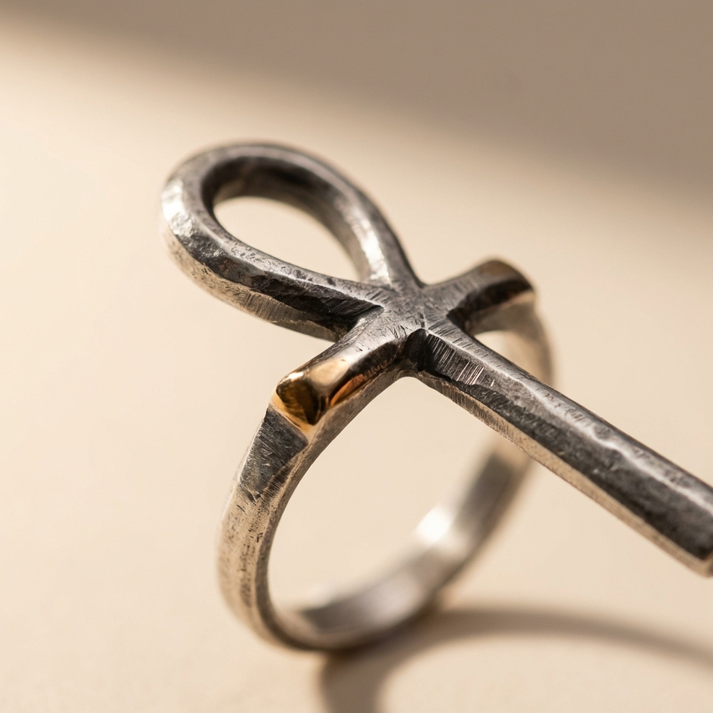 Macro close up of the loop and shaft junction of a sterling silver ankh ring showing patina and tool marks on a warm beige background