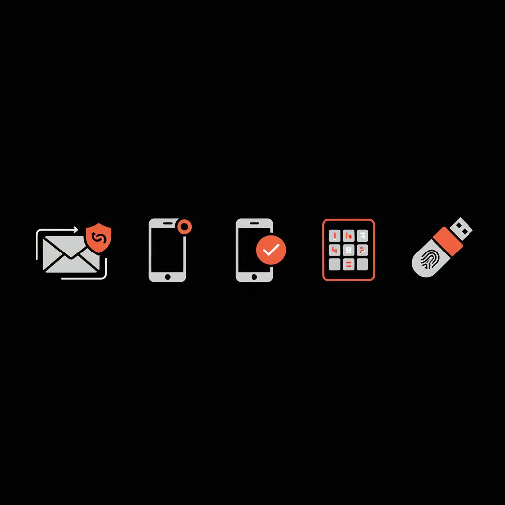 Minimal vector infographic showing recovery email, phone, Google Prompt, backup codes, and hardware key icons in a row to illustrate how to recover gmail account on a black background.
