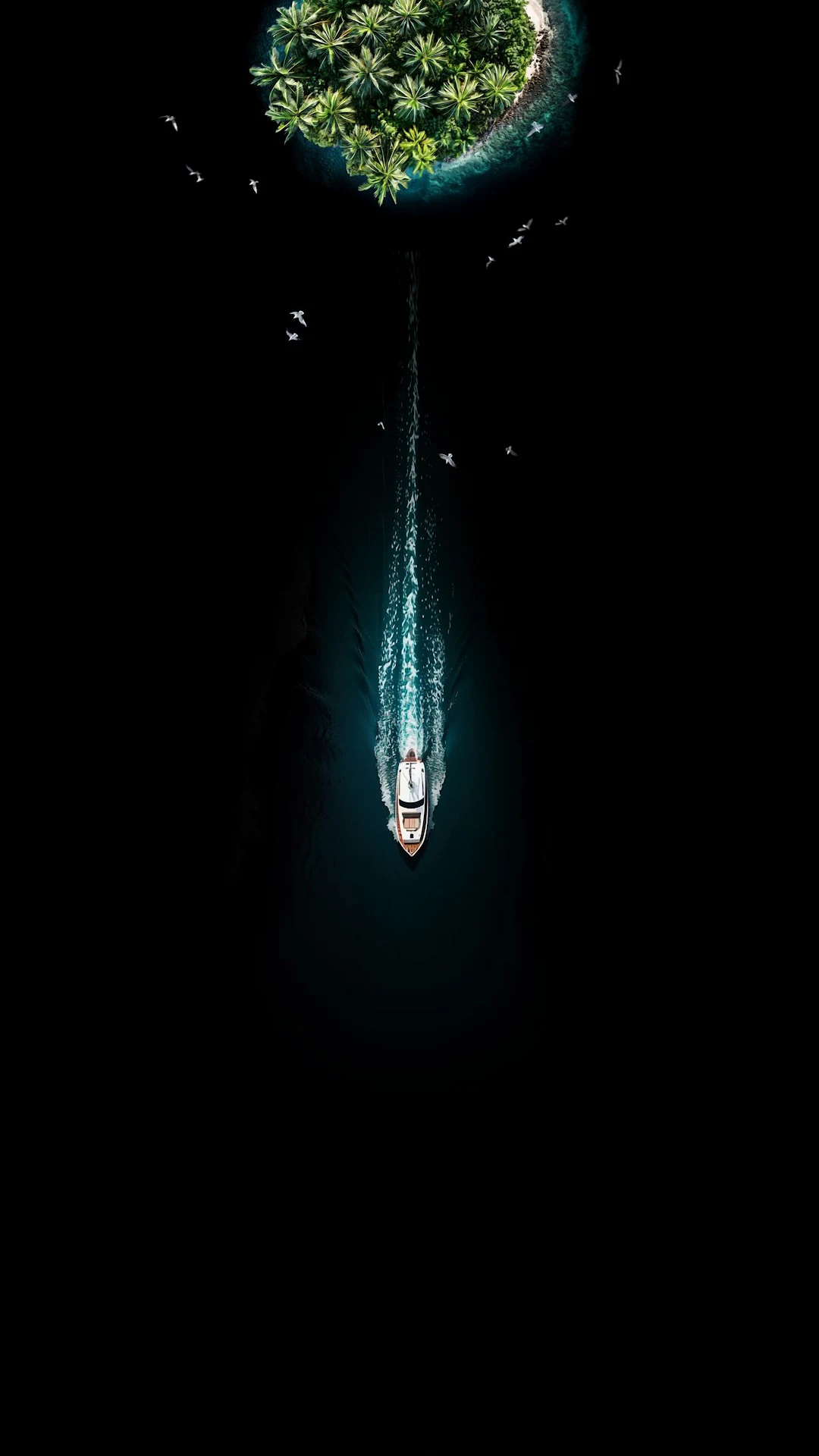 Minimalist Boat Wake Approaching Lush Tropical Island in Darkness - Free 4K mobile Wallpaper